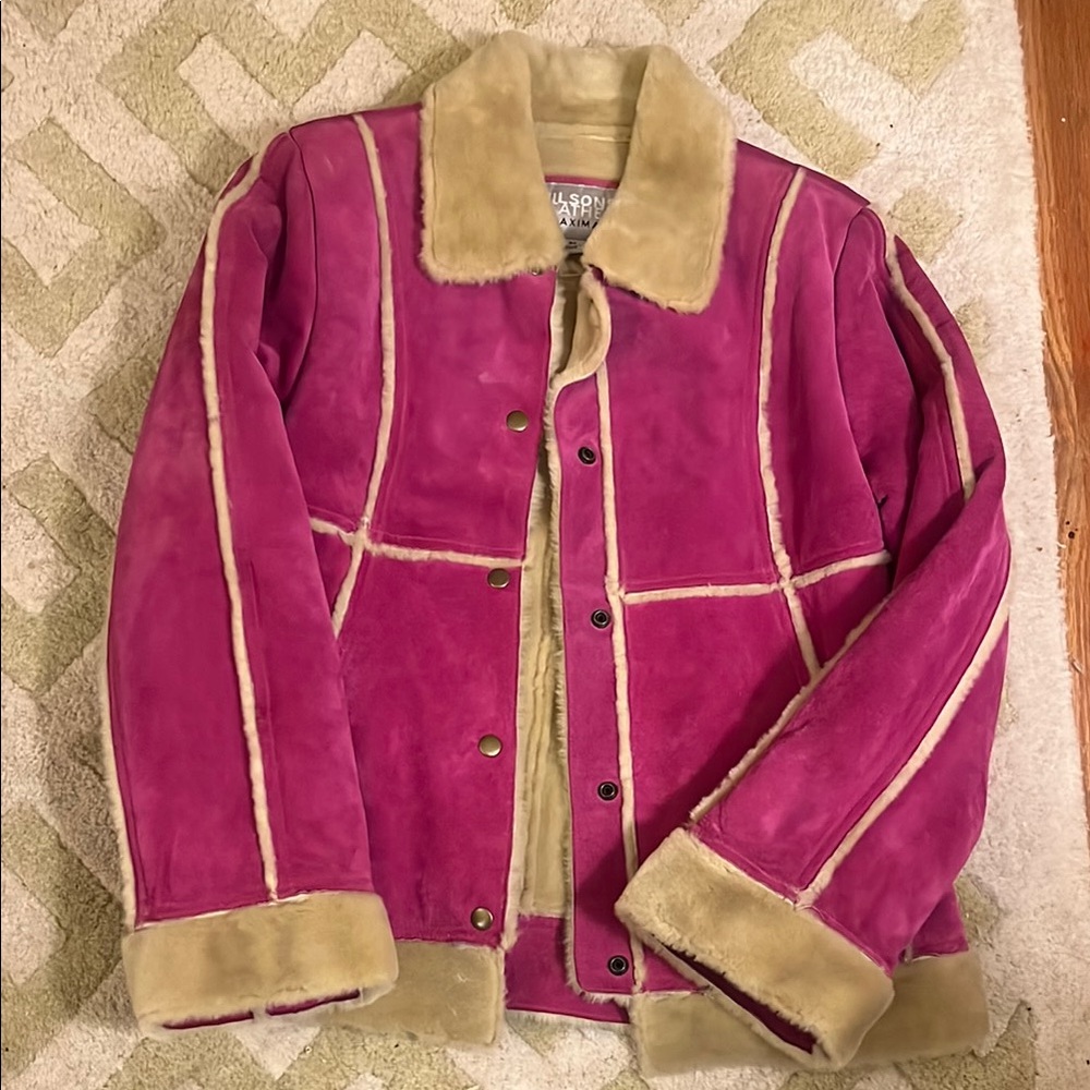 Women's Fuchsia Shearling Leather Jacket with fur lining and trim - small